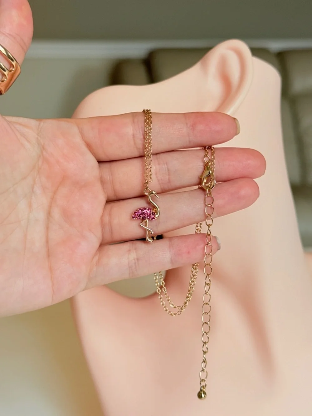 Gold Flamingo Pendant Necklace with Pink Crystal Accent